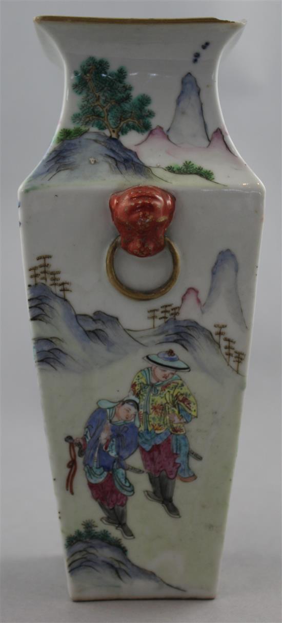 A Chinese famille rose square baluster vase, late 19th century, 23.7cm, chip to rim